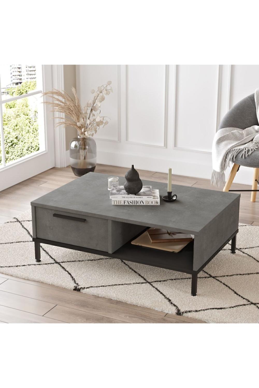 Arya Table basse Métal Sur pieds Avec tiroirs Béton-Noir ARY18-RL