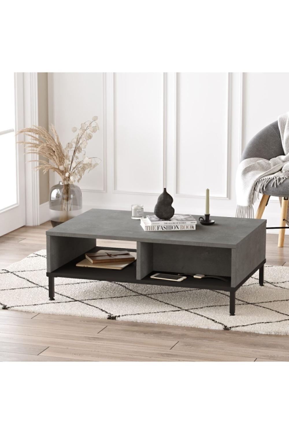 Arya Table basse Métal Sur pieds Avec tiroirs Béton-Noir ARY18-RL