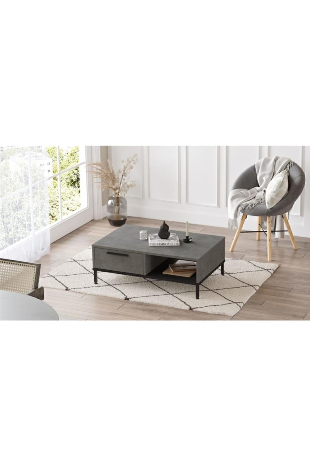 Arya Table basse Métal Sur pieds Avec tiroirs Béton-Noir ARY18-RL