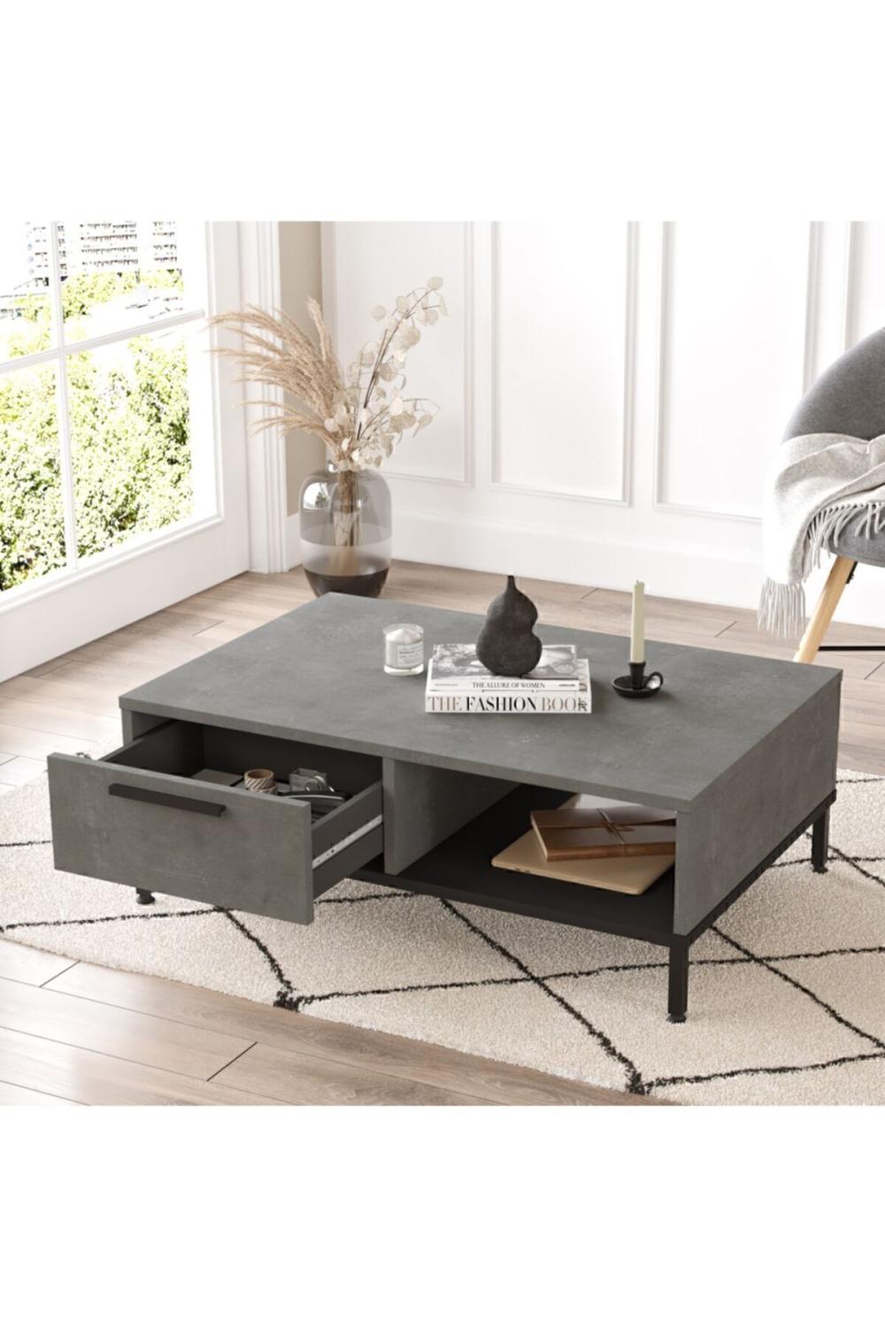 Arya Table basse Métal Sur pieds Avec tiroirs Béton-Noir ARY18-RL