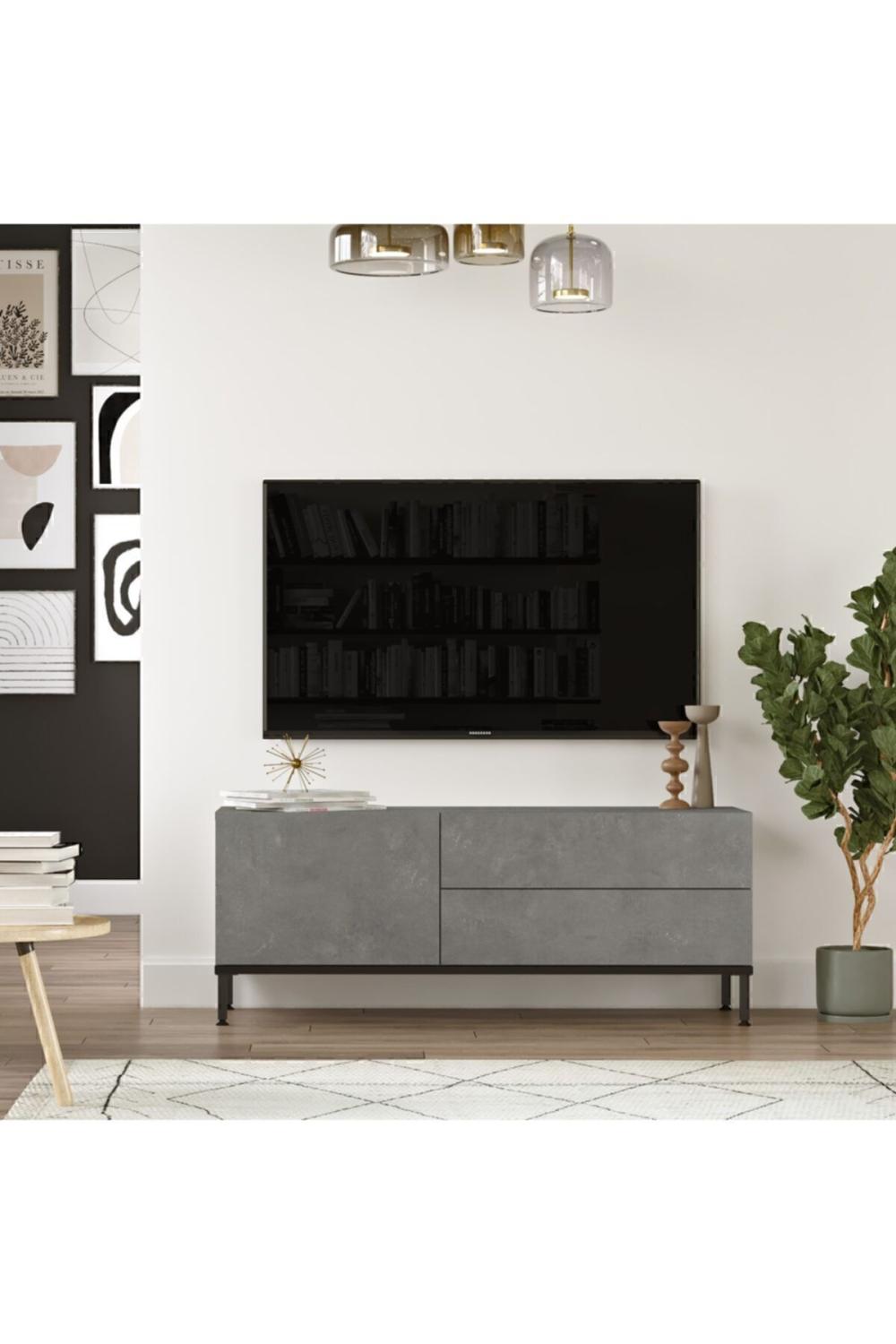 Arya 120cm Meuble TV Table basse Métal Sur pieds Béton-Noir ARY5-RL