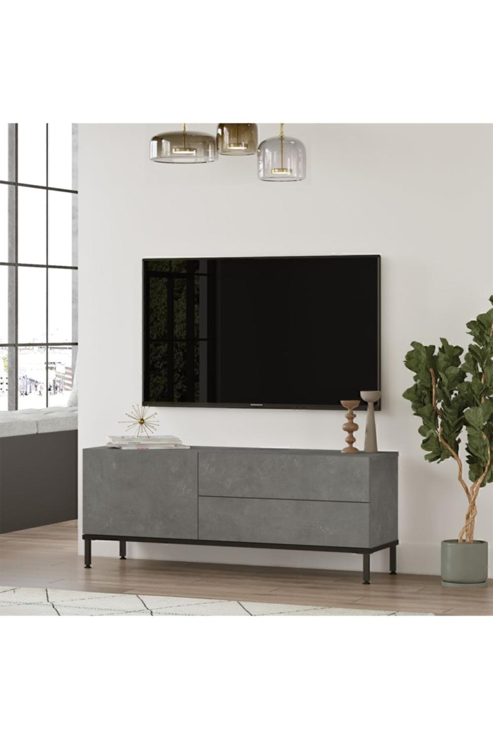 Arya 120cm Meuble TV Table basse Métal Sur pieds Béton-Noir ARY5-RL