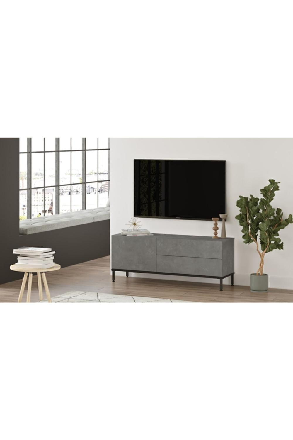 Arya 120cm Meuble TV Table basse Métal Sur pieds Béton-Noir ARY5-RL