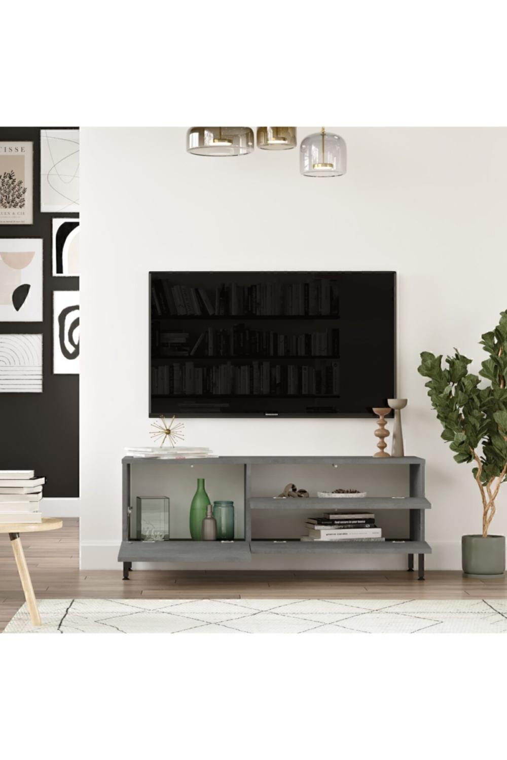 Arya 120cm Meuble TV Table basse Métal Sur pieds Béton-Noir ARY5-RL