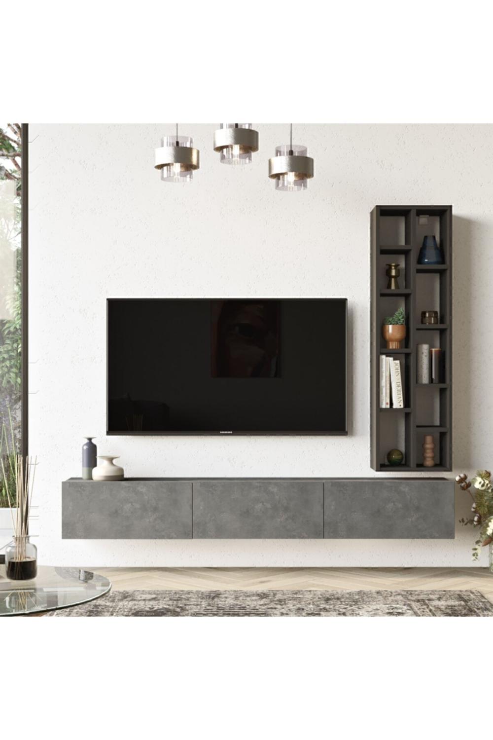 Arya 175cm Meuble TV Bibliothèque Béton-Noir ARY9-RL