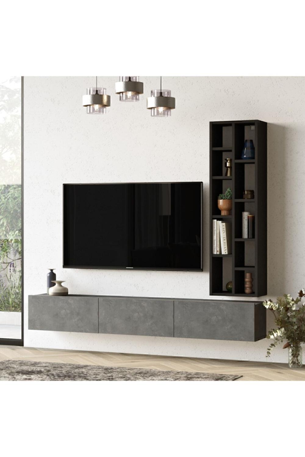 Arya 175cm Meuble TV Bibliothèque Béton-Noir ARY9-RL