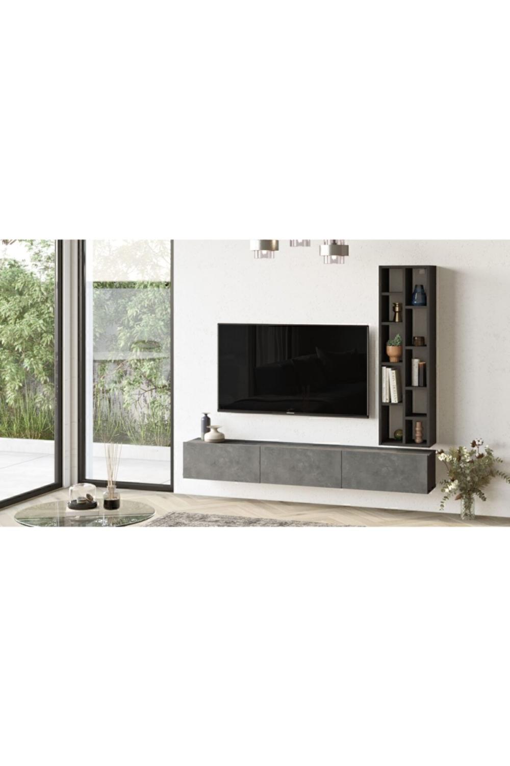 Arya 175cm Meuble TV Bibliothèque Béton-Noir ARY9-RL