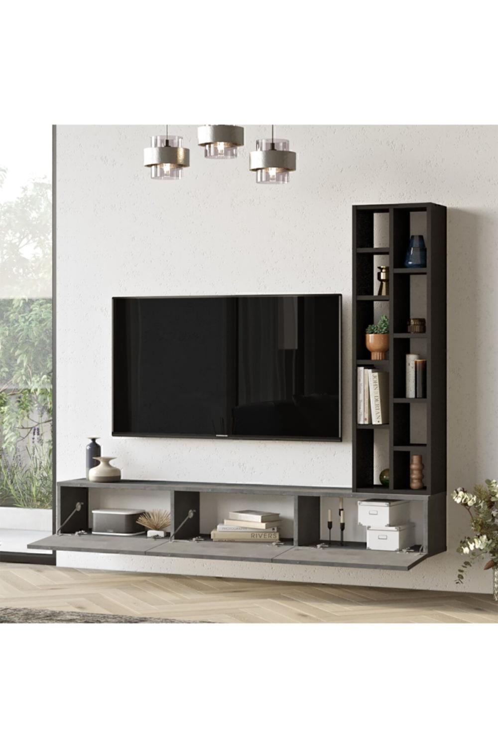 Arya 175cm Meuble TV Bibliothèque Béton-Noir ARY9-RL