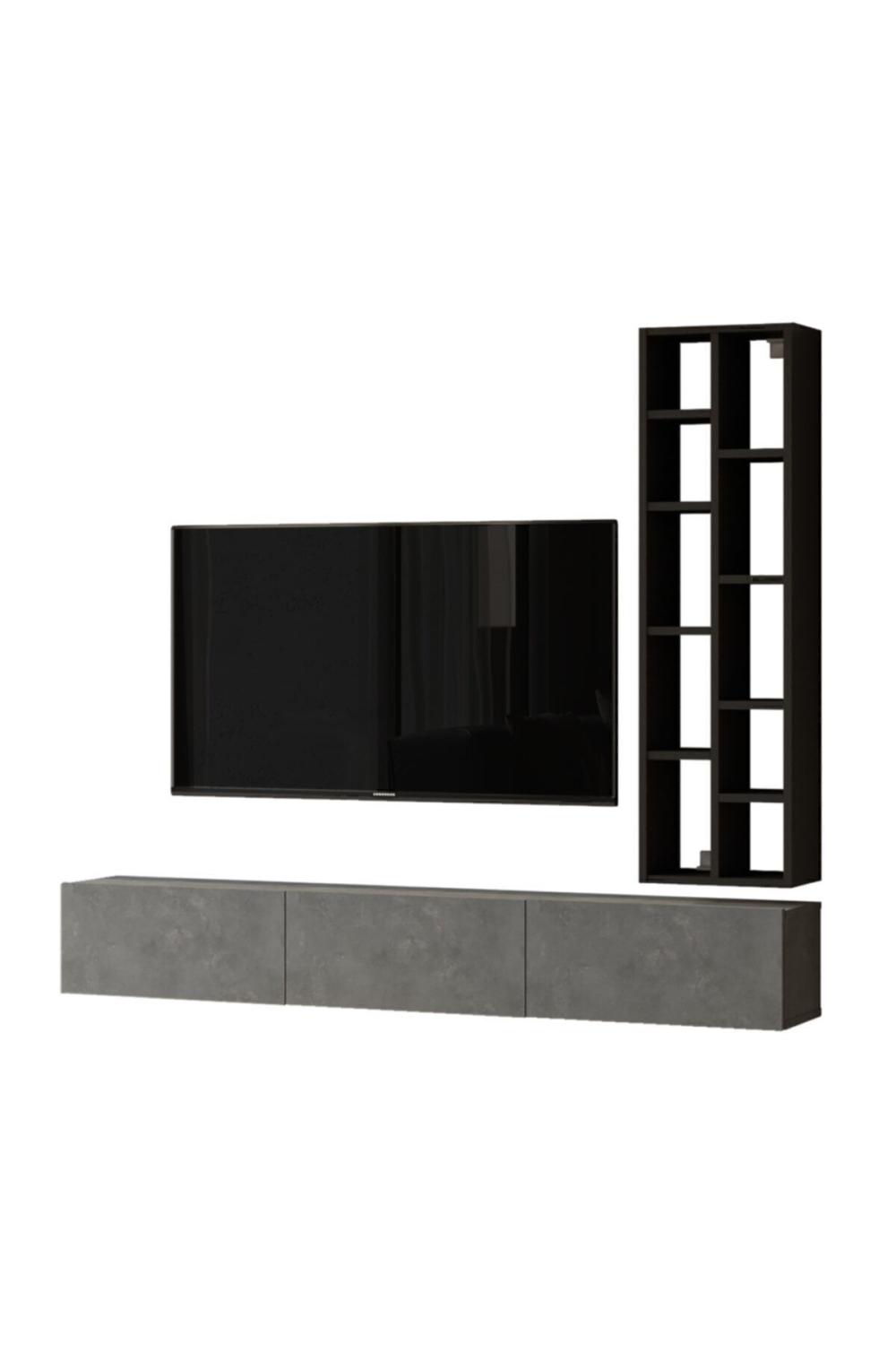 Arya 175cm Meuble TV Bibliothèque Béton-Noir ARY9-RL