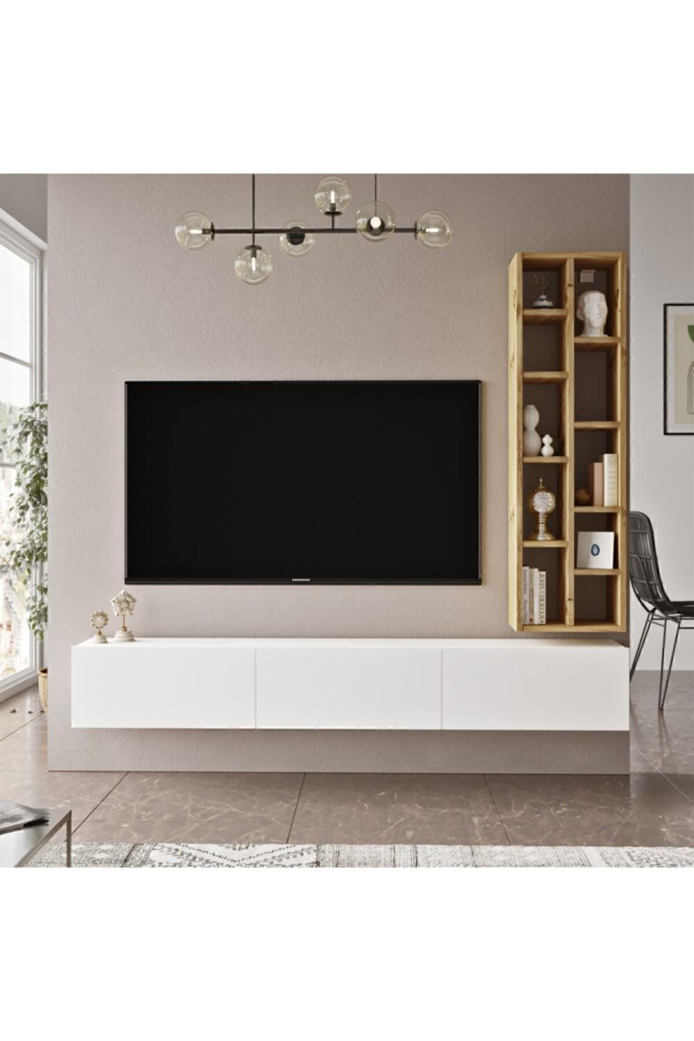 Meuble TV Arya avec Bibliothèque, 175 cm – Gris (Effet Feutre) & Blanc ARY9-WK