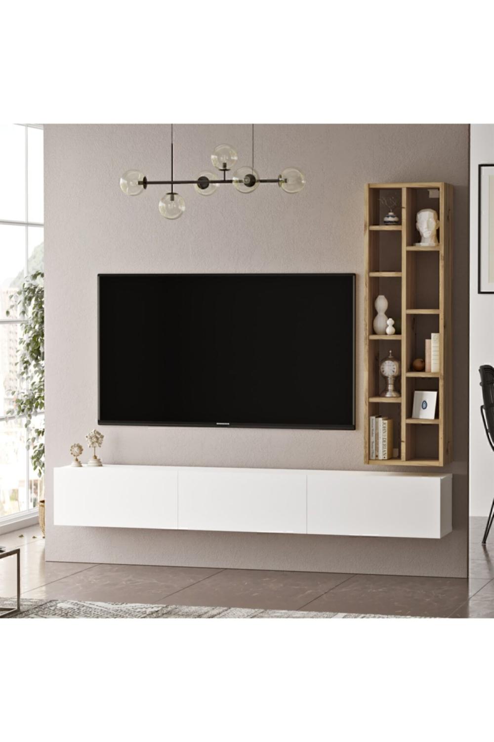 Meuble TV Arya avec Bibliothèque, 175 cm – Gris (Effet Feutre) & Blanc ARY9-WK