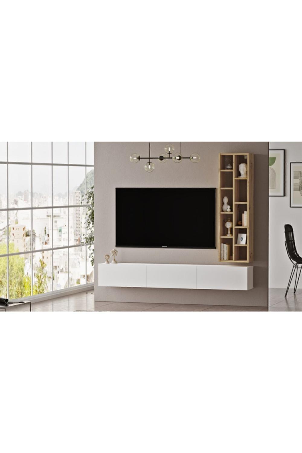 Meuble TV Arya avec Bibliothèque, 175 cm – Gris (Effet Feutre) & Blanc ARY9-WK