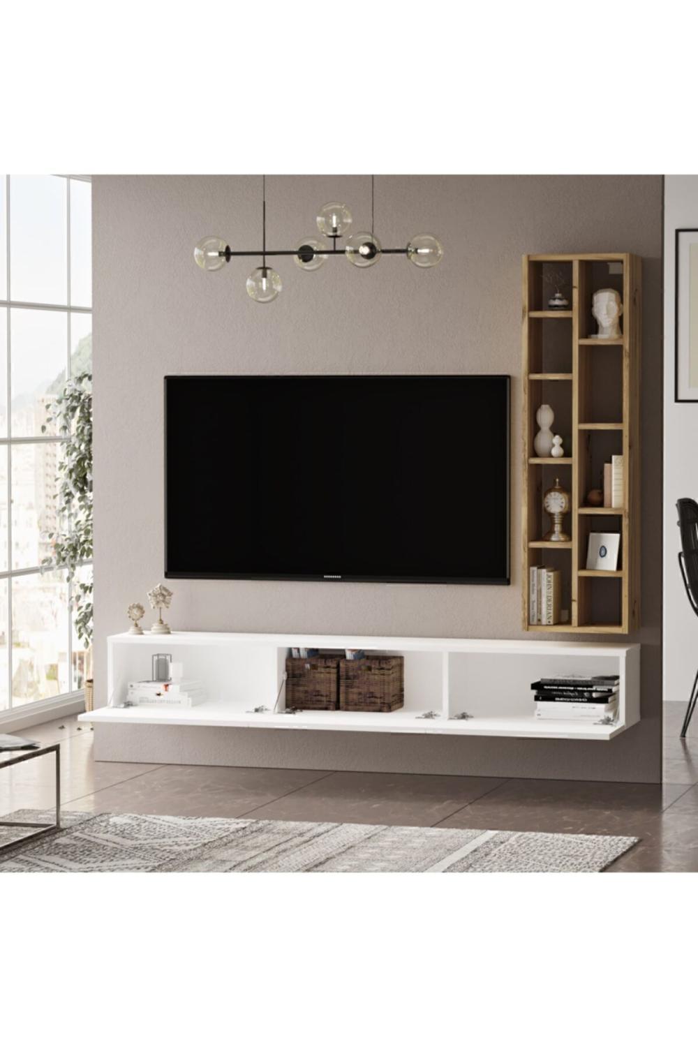 Meuble TV Arya avec Bibliothèque, 175 cm – Gris (Effet Feutre) & Blanc ARY9-WK