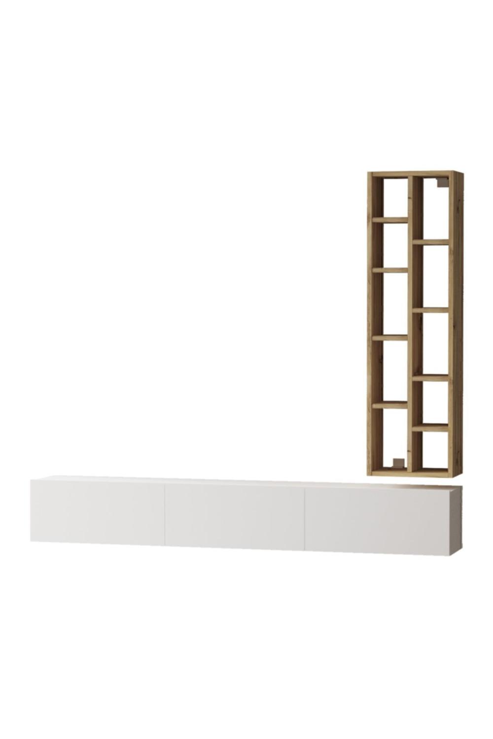 Meuble TV Arya avec Bibliothèque, 175 cm – Gris (Effet Feutre) & Blanc ARY9-WK