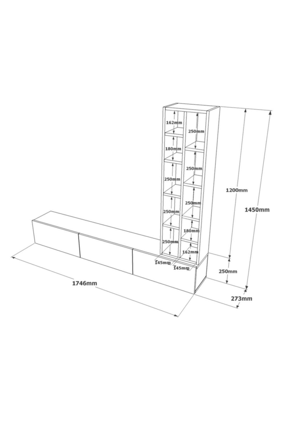 Meuble TV Arya avec Bibliothèque, 175 cm – Gris (Effet Feutre) & Blanc ARY9-WK