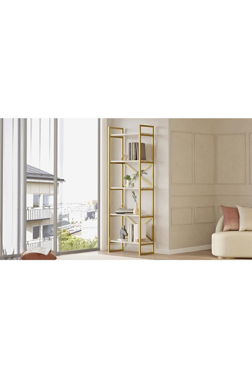 Atlantis 175cm Gold Métal Bibliothèque 5 À étagères Mermer Desen ATL3-GE