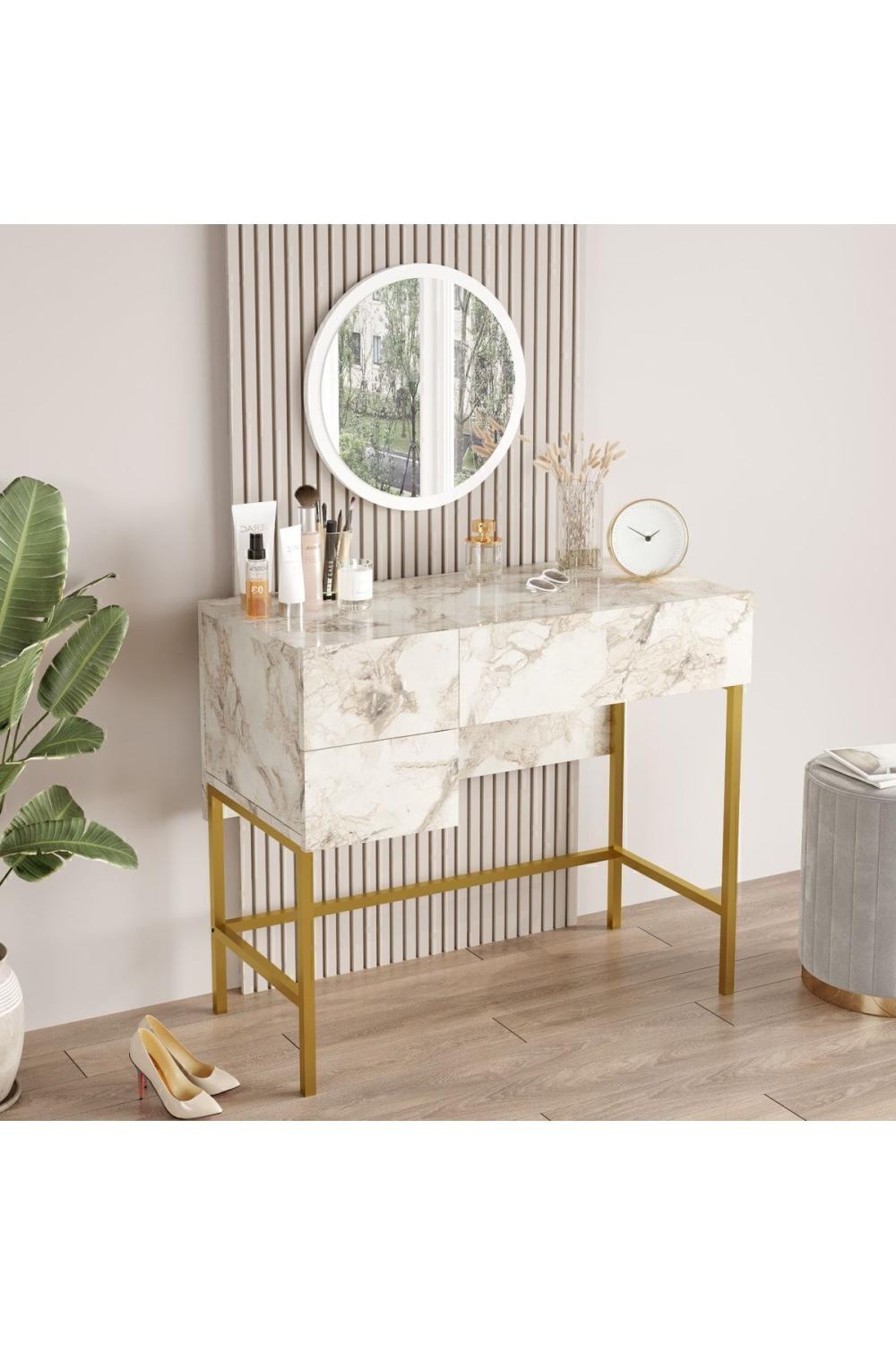 Atlantis Gold 88cm Métal Makyaj Table Avec miroir 3 Avec tiroirs Mermer Desen ATL32-GE