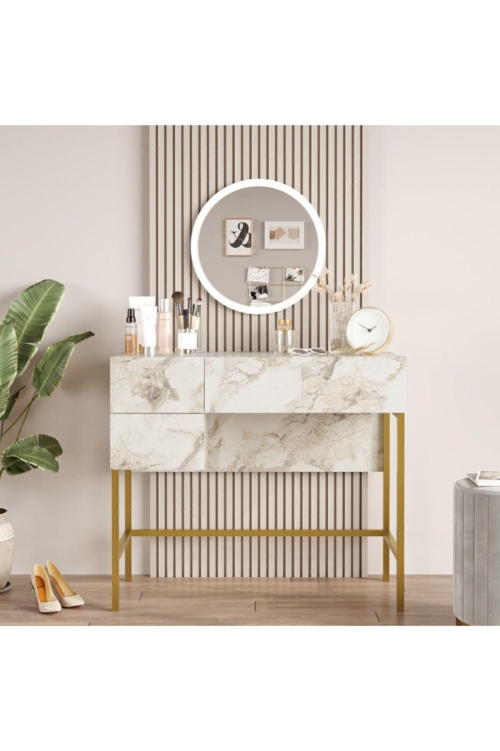 Atlantis Gold 88cm Métal Makyaj Table Avec miroir 3 Avec tiroirs Mermer Desen ATL32-GE