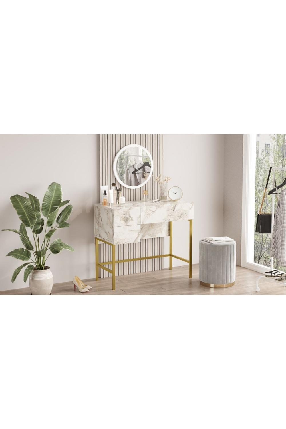 Atlantis Gold 88cm Métal Makyaj Table Avec miroir 3 Avec tiroirs Mermer Desen ATL32-GE