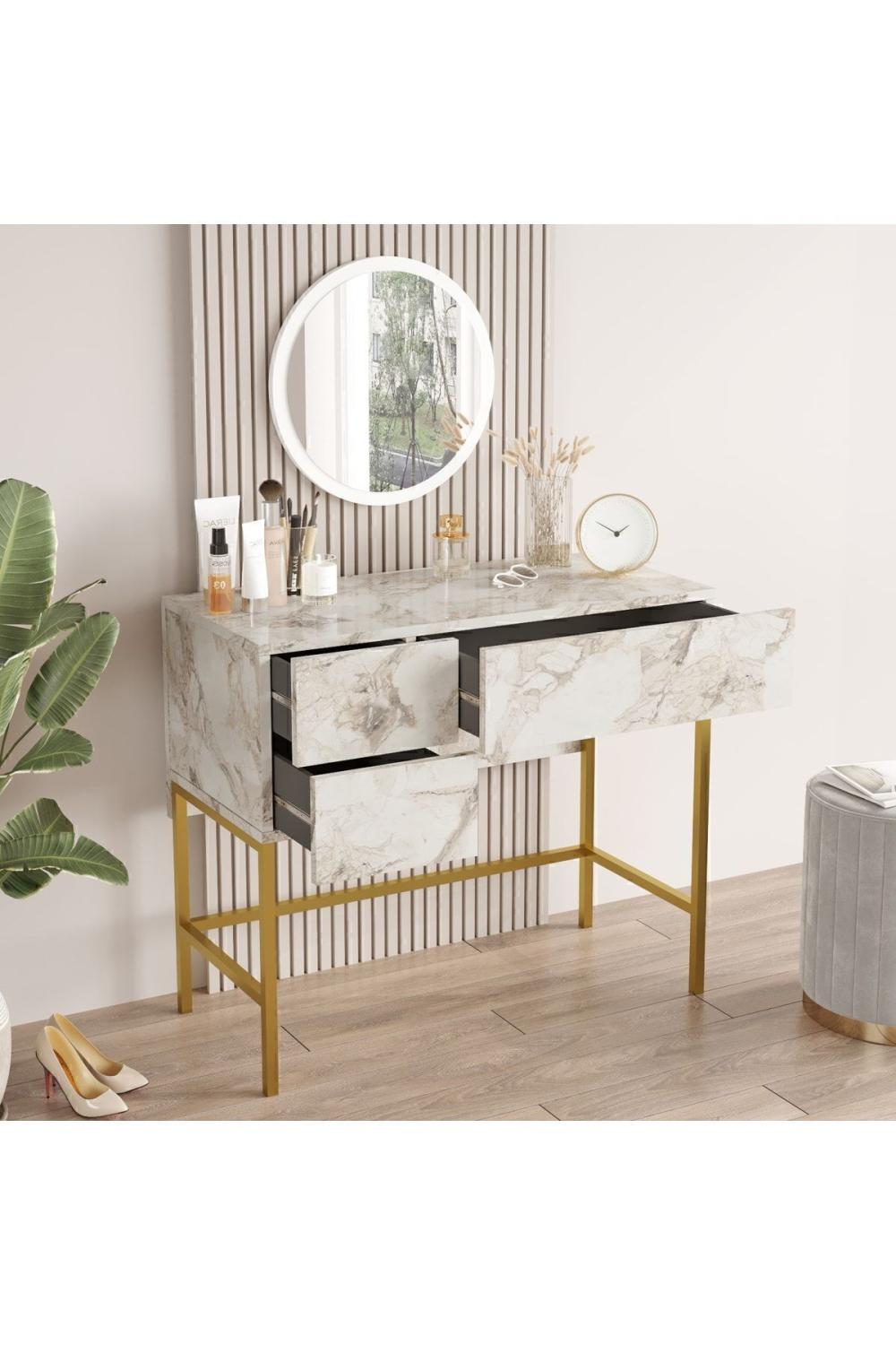 Atlantis Gold 88cm Métal Makyaj Table Avec miroir 3 Avec tiroirs Mermer Desen ATL32-GE