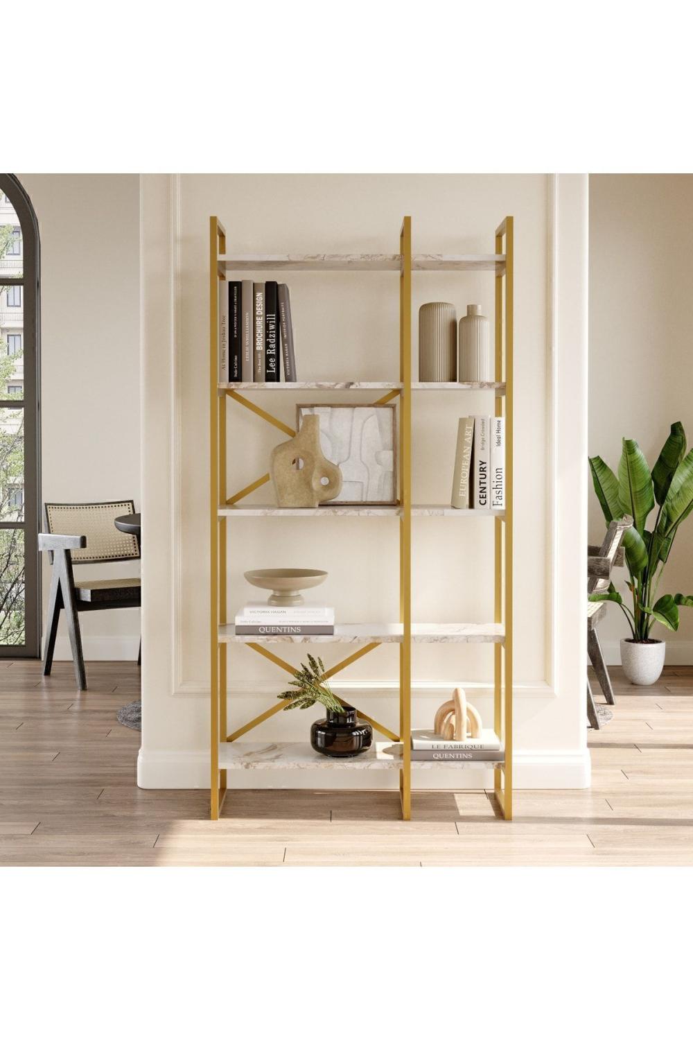 Atlantis 175cm Gold Métal Bibliothèque 5 À étagères 2 Bölme Mermer Desen ATL4-GE