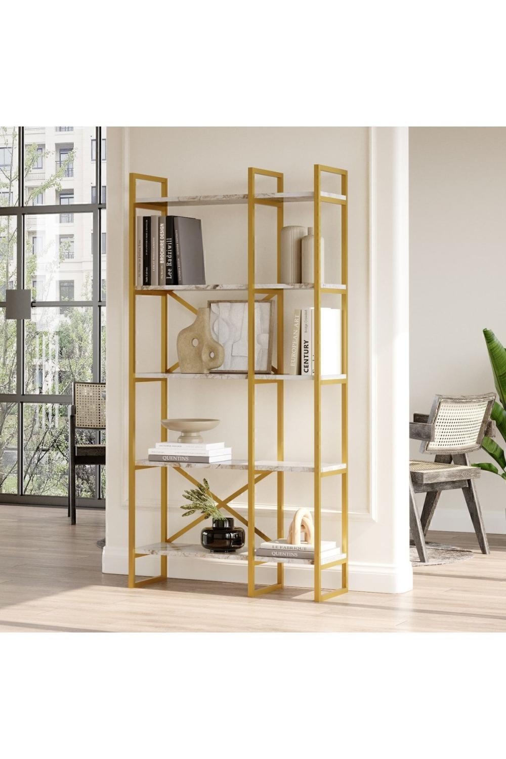 Atlantis 175cm Gold Métal Bibliothèque 5 À étagères 2 Bölme Mermer Desen ATL4-GE