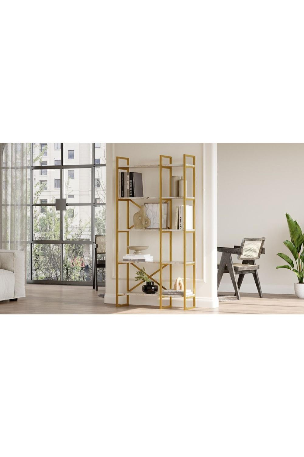 Atlantis 175cm Gold Métal Bibliothèque 5 À étagères 2 Bölme Mermer Desen ATL4-GE