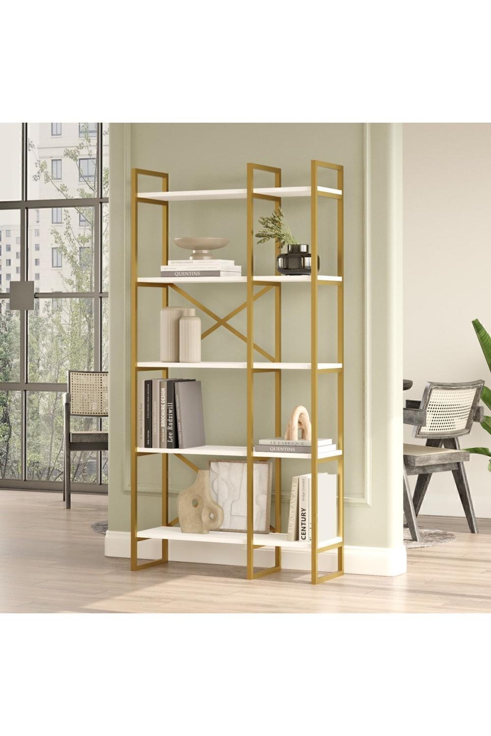 Atlantis 175cm Gold Métal Bibliothèque 5 À étagères 2 Bölme 175cm Blanc ATL4-W