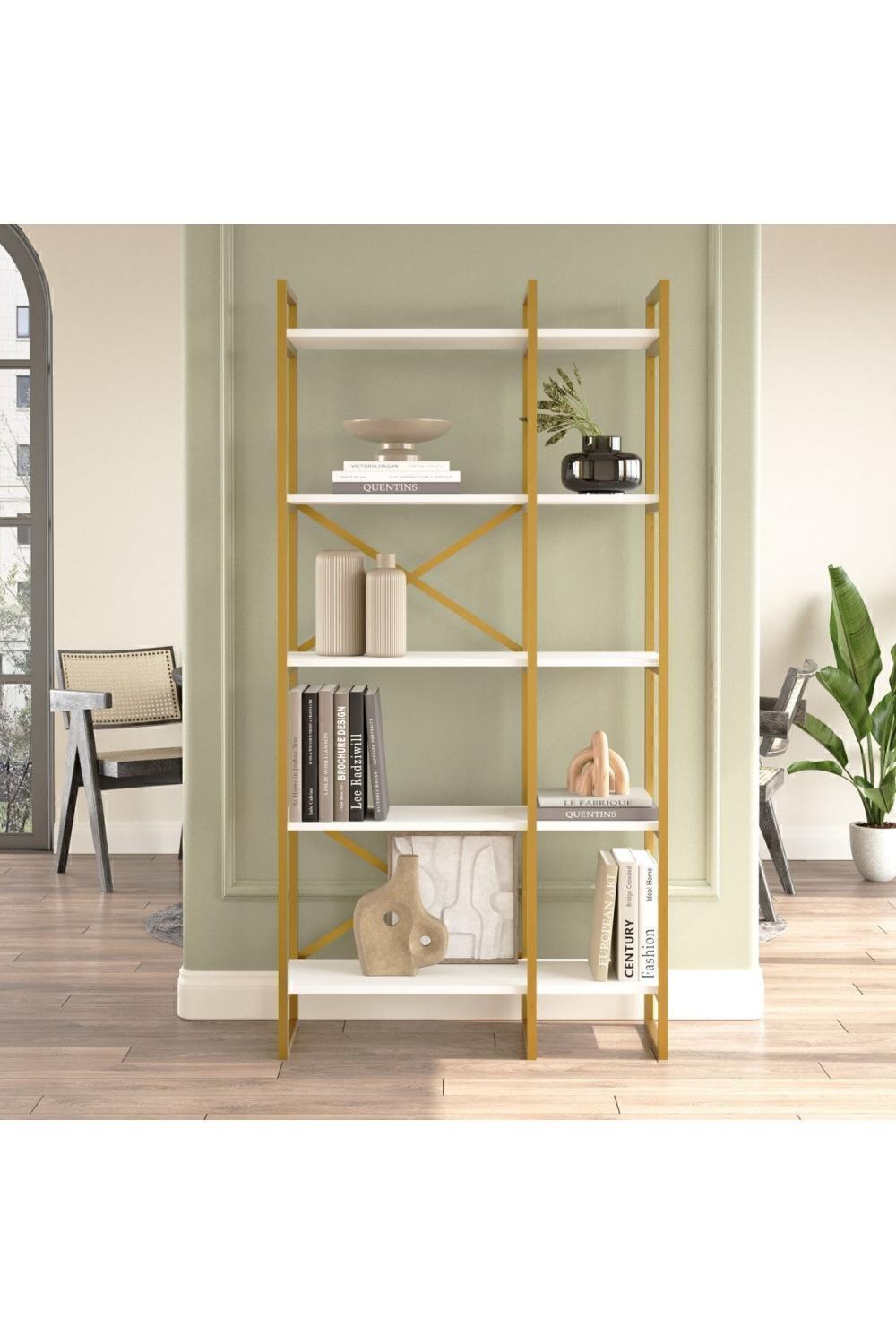 Atlantis 175cm Gold Métal Bibliothèque 5 À étagères 2 Bölme 175cm Blanc ATL4-W
