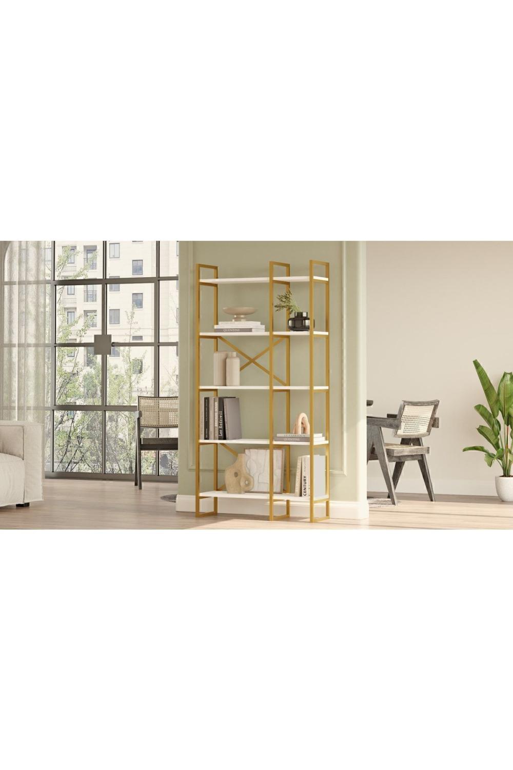 Atlantis 175cm Gold Métal Bibliothèque 5 À étagères 2 Bölme 175cm Blanc ATL4-W