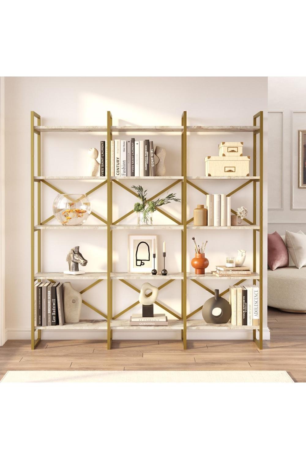 Atlantis 175cm Gold Métal Bibliothèque 5 À étagères Geniş 3 Bölme Mermer Desen ATL6-GE