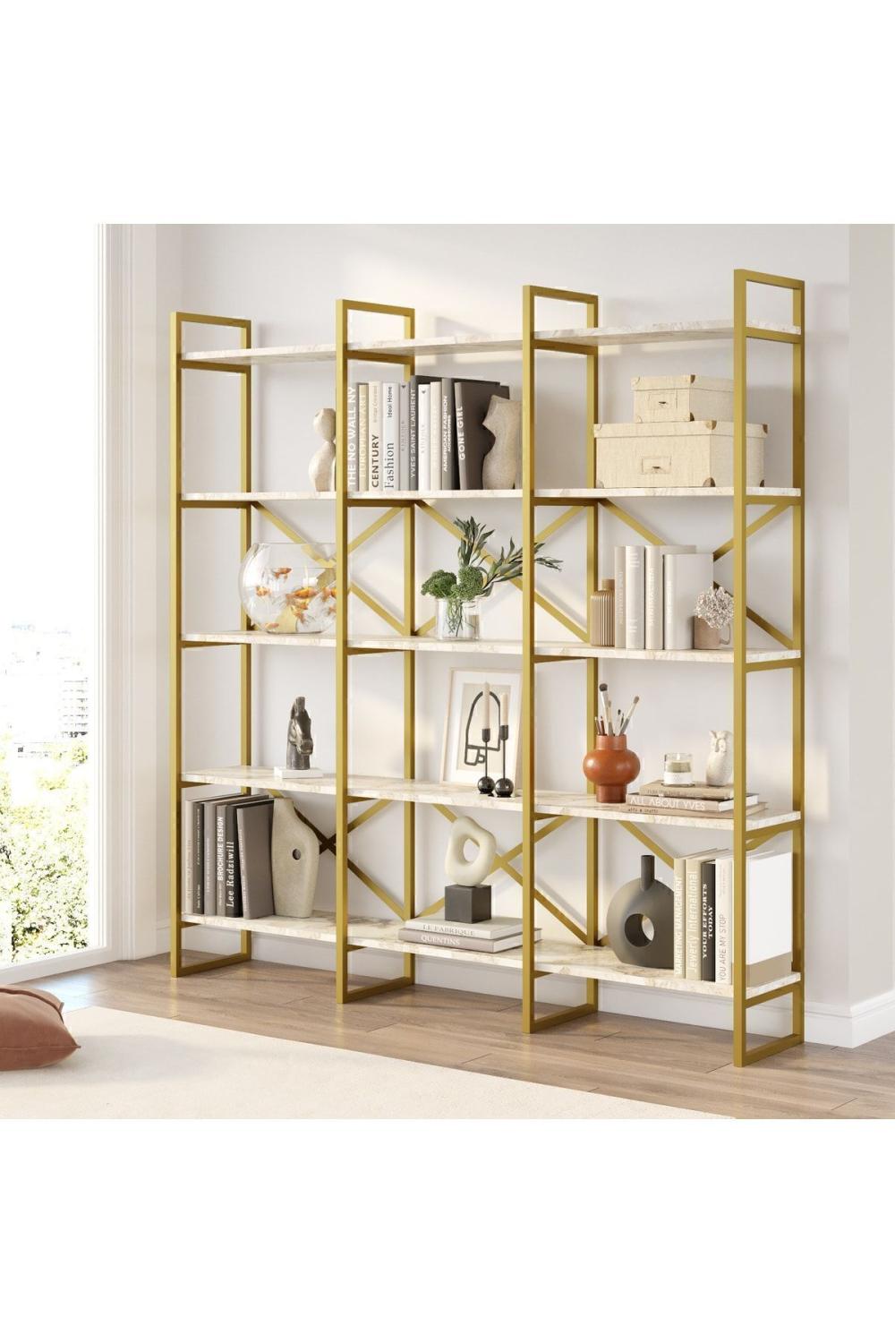 Atlantis 175cm Gold Métal Bibliothèque 5 À étagères Geniş 3 Bölme Mermer Desen ATL6-GE