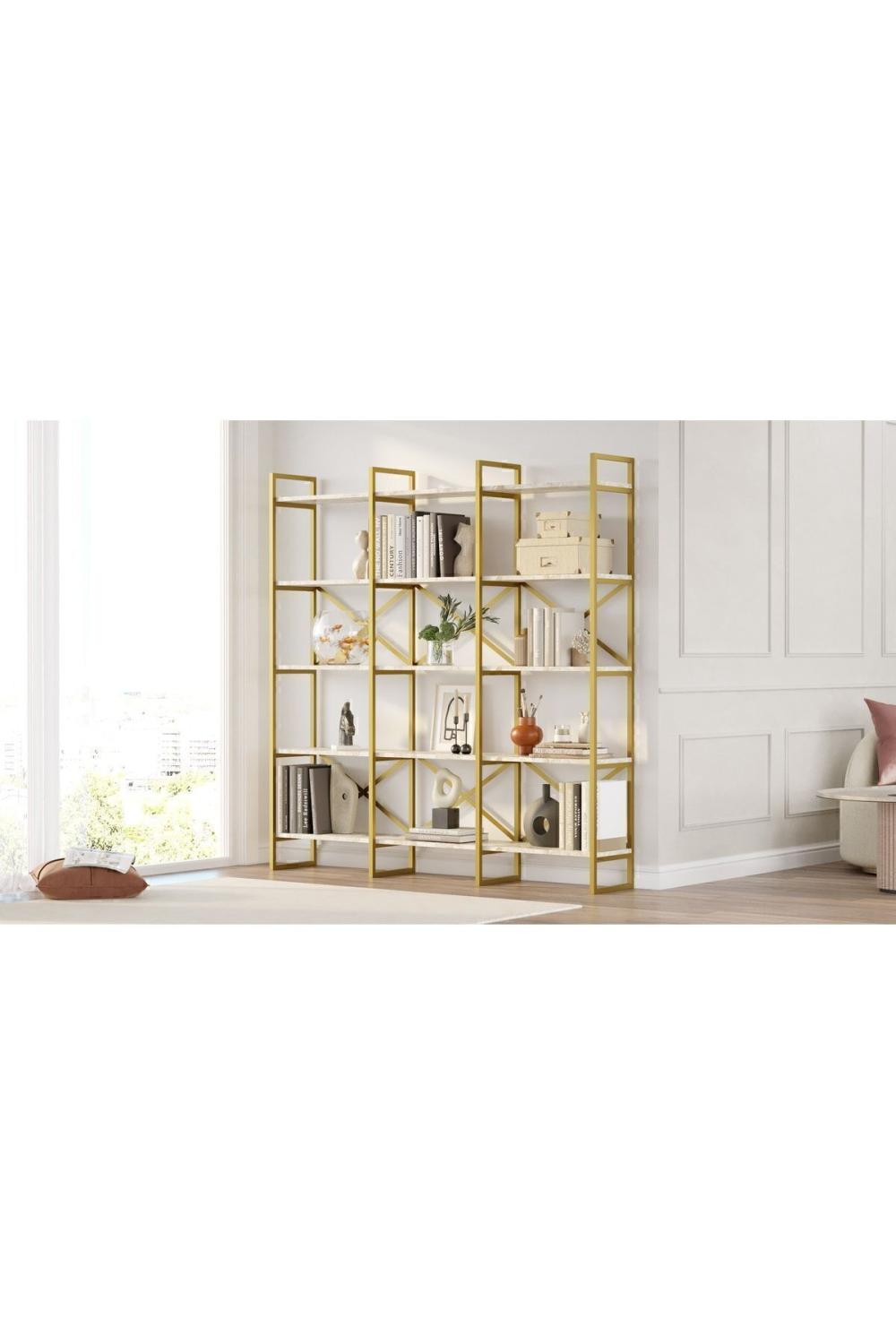 Atlantis 175cm Gold Métal Bibliothèque 5 À étagères Geniş 3 Bölme Mermer Desen ATL6-GE