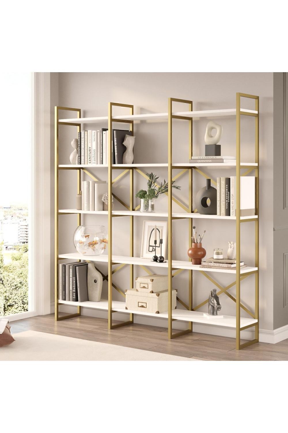 Atlantis 175cm Gold Métal Bibliothèque 5 À étagères Geniş 3 Bölme Blanc ATL6-W