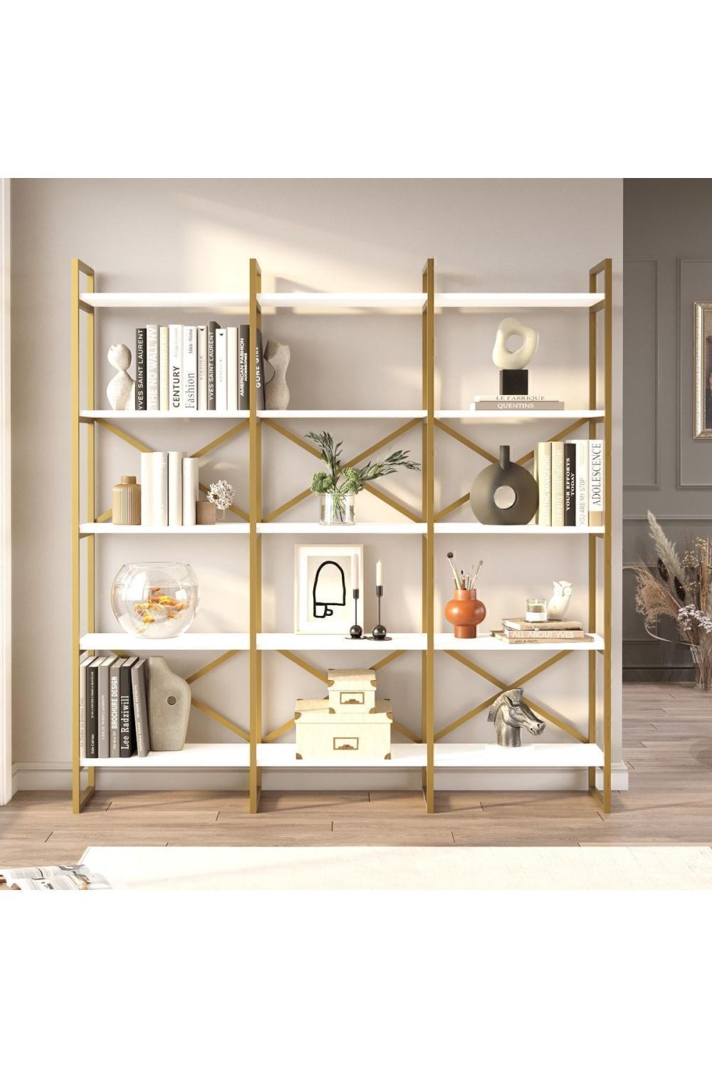 Atlantis 175cm Gold Métal Bibliothèque 5 À étagères Geniş 3 Bölme Blanc ATL6-W