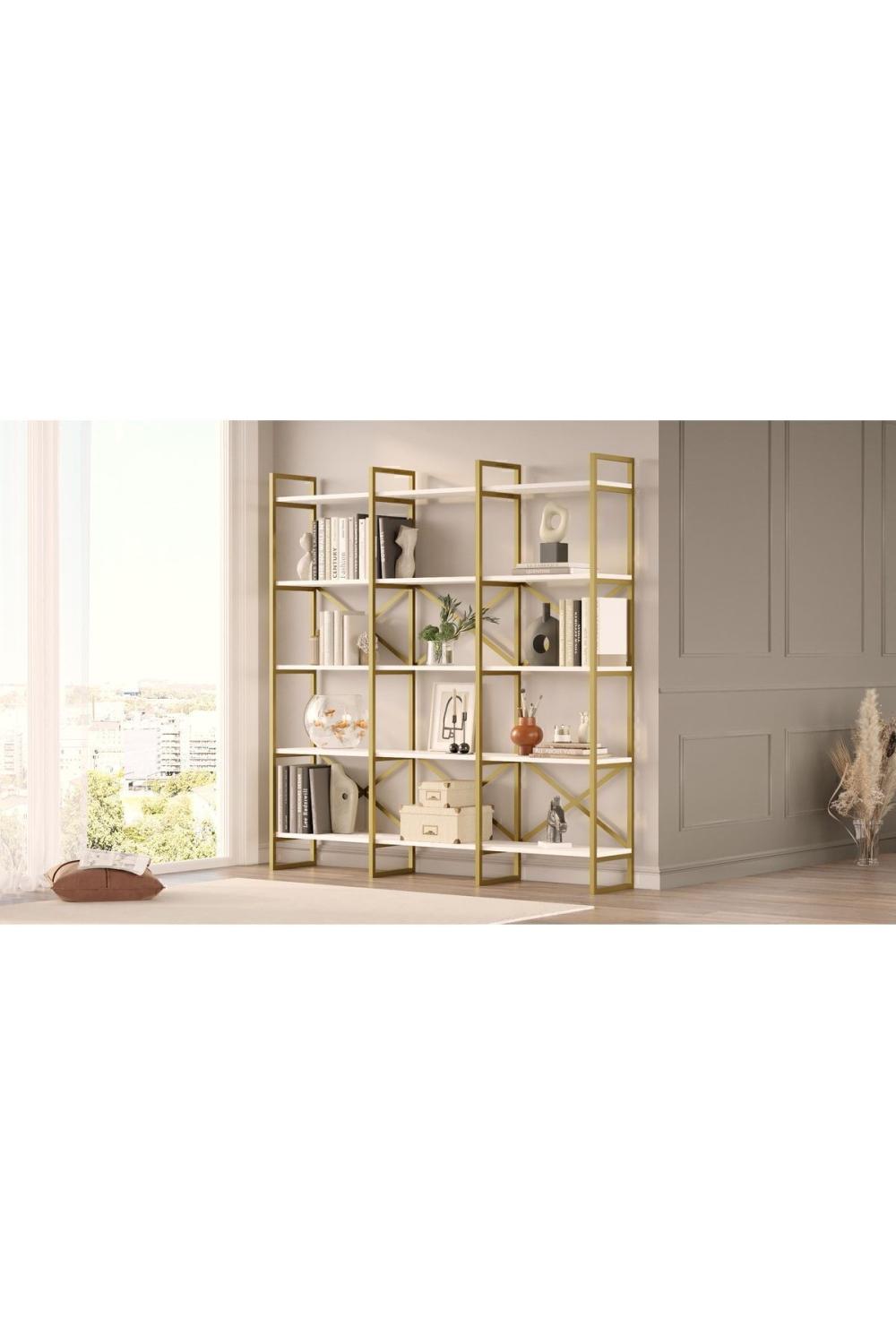 Atlantis 175cm Gold Métal Bibliothèque 5 À étagères Geniş 3 Bölme Blanc ATL6-W