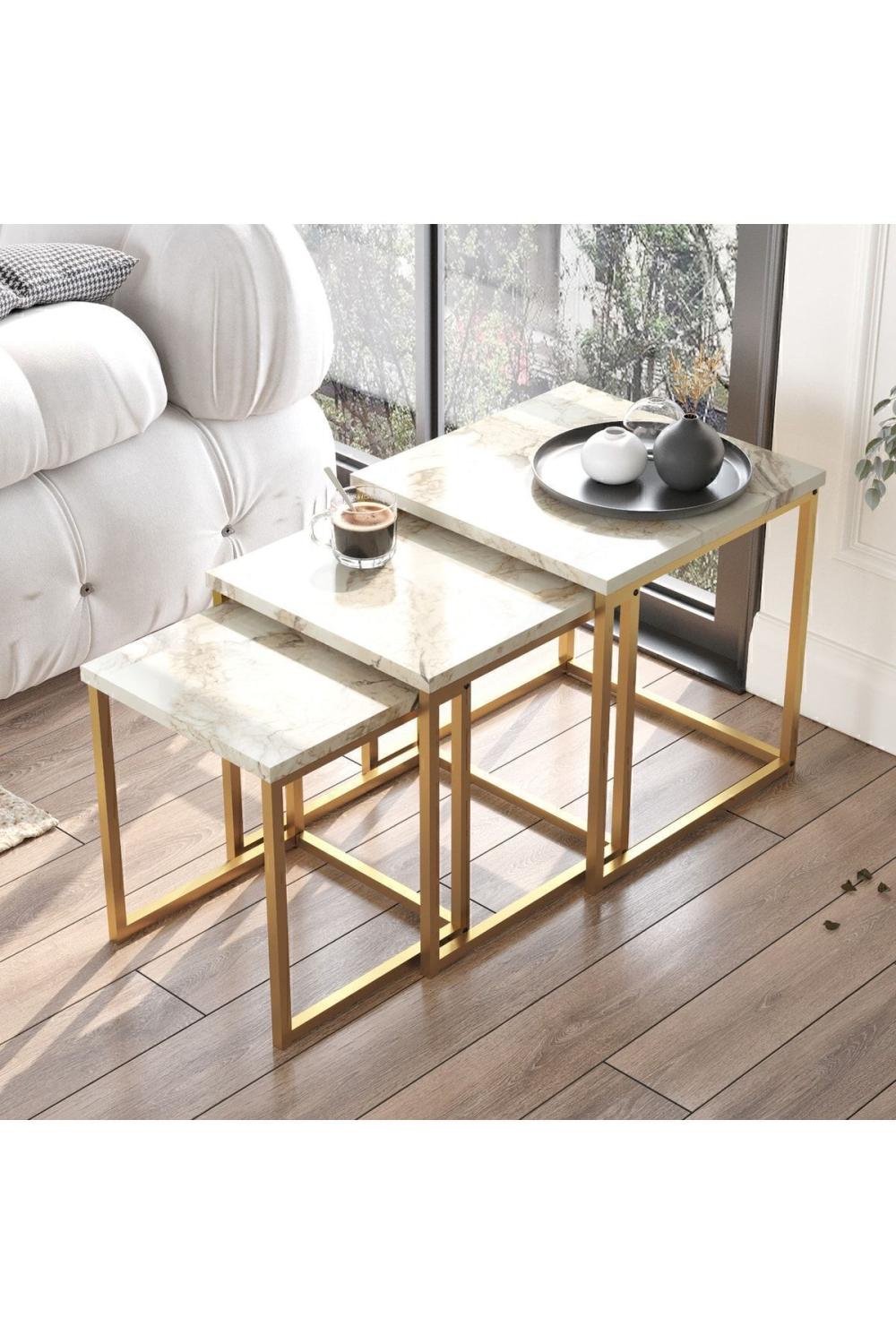 Atlantis 3'Lü Gold Métal Zigon Table basse Mermer Desen ATL7-GE
