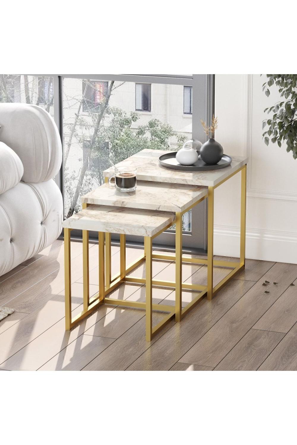Atlantis 3'Lü Gold Métal Zigon Table basse Mermer Desen ATL7-GE