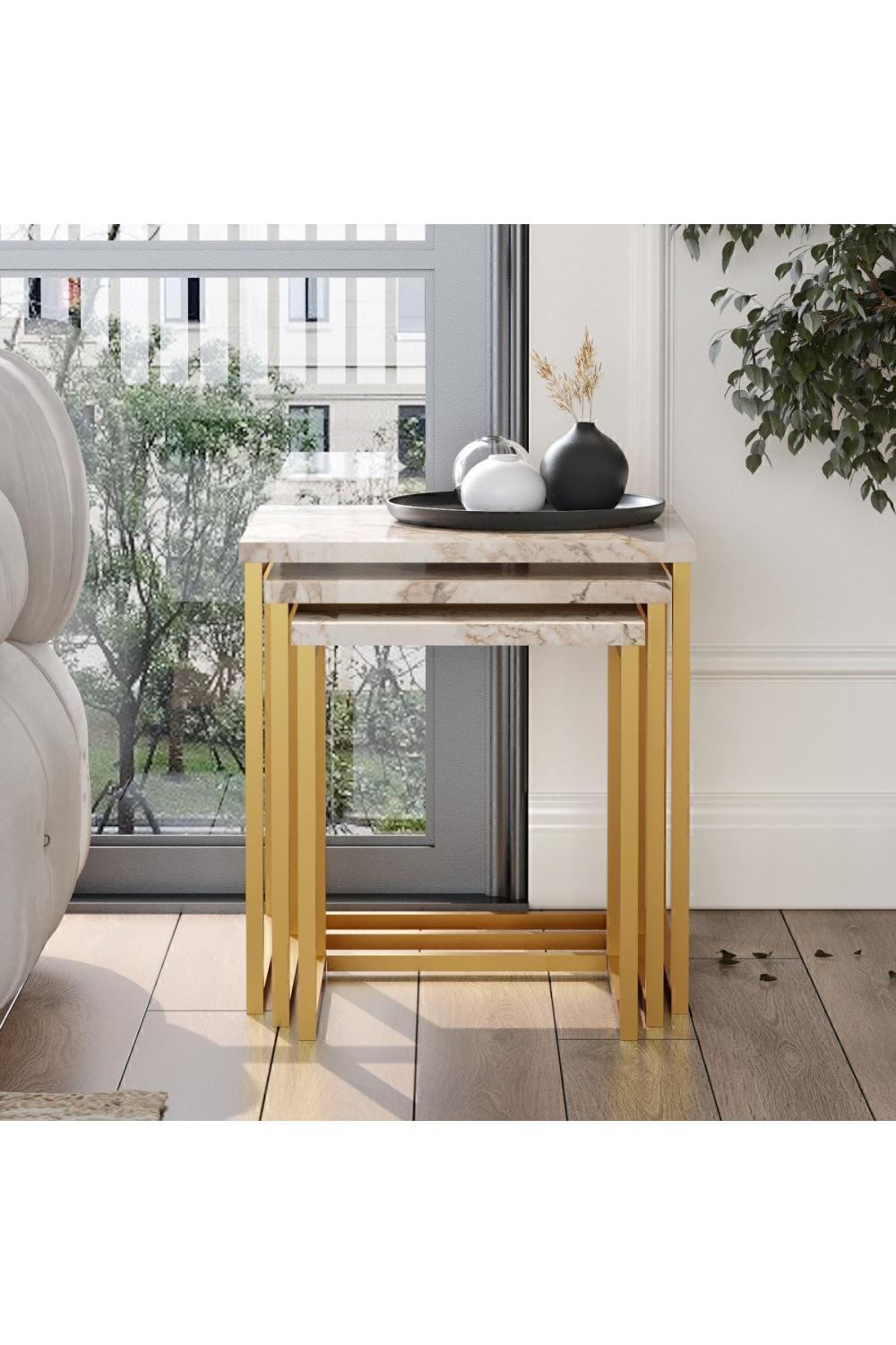 Atlantis 3'Lü Gold Métal Zigon Table basse Mermer Desen ATL7-GE