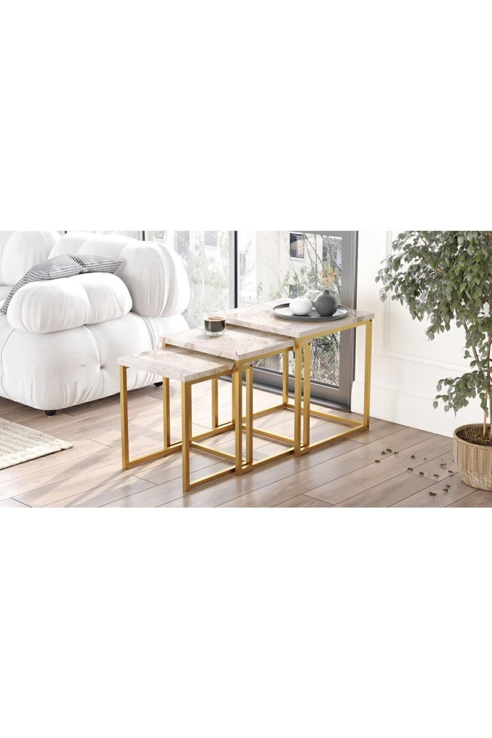 Atlantis 3'Lü Gold Métal Zigon Table basse Mermer Desen ATL7-GE