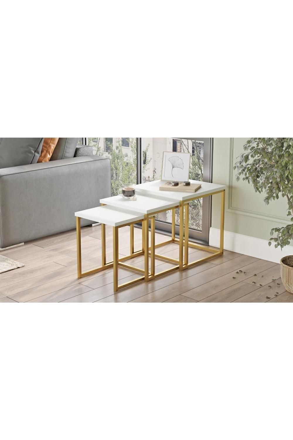 Atlantis 3'Lü Gold Métal Zigon Table basse Blanc ATL7-W