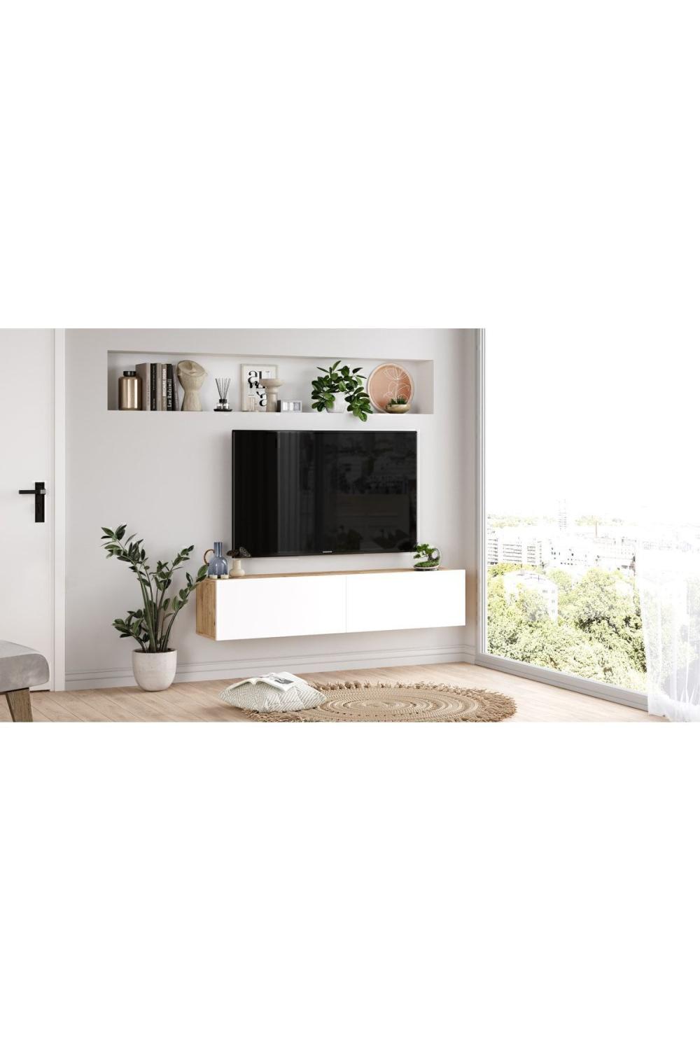 Aven Meuble TV Tv Table basse Avec portes 140cm Pin-Blanc AVE10-AW