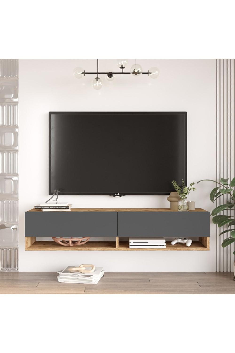 Aven Meuble TV Tv Table basse À étagères Avec portes 140cm Pin-Anthracite AVE11-AA
