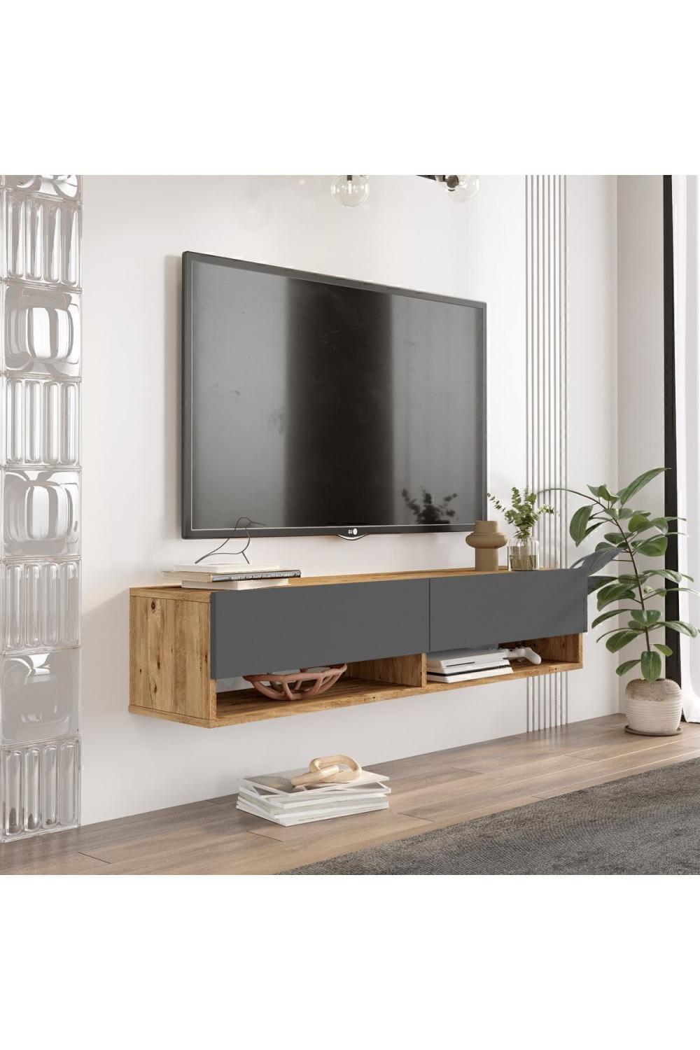 Aven Meuble TV Tv Table basse À étagères Avec portes 140cm Pin-Anthracite AVE11-AA