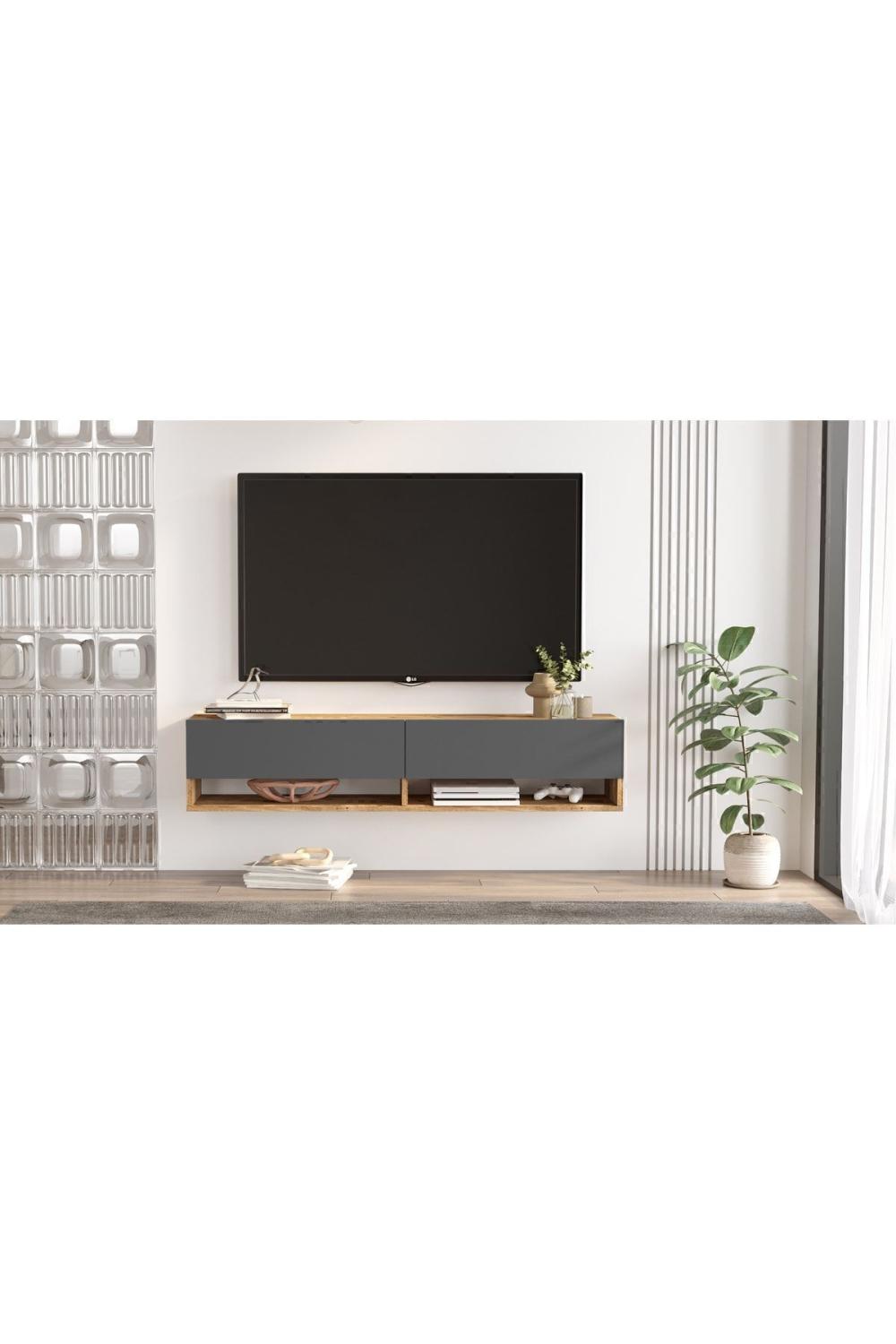 Aven Meuble TV Tv Table basse À étagères Avec portes 140cm Pin-Anthracite AVE11-AA