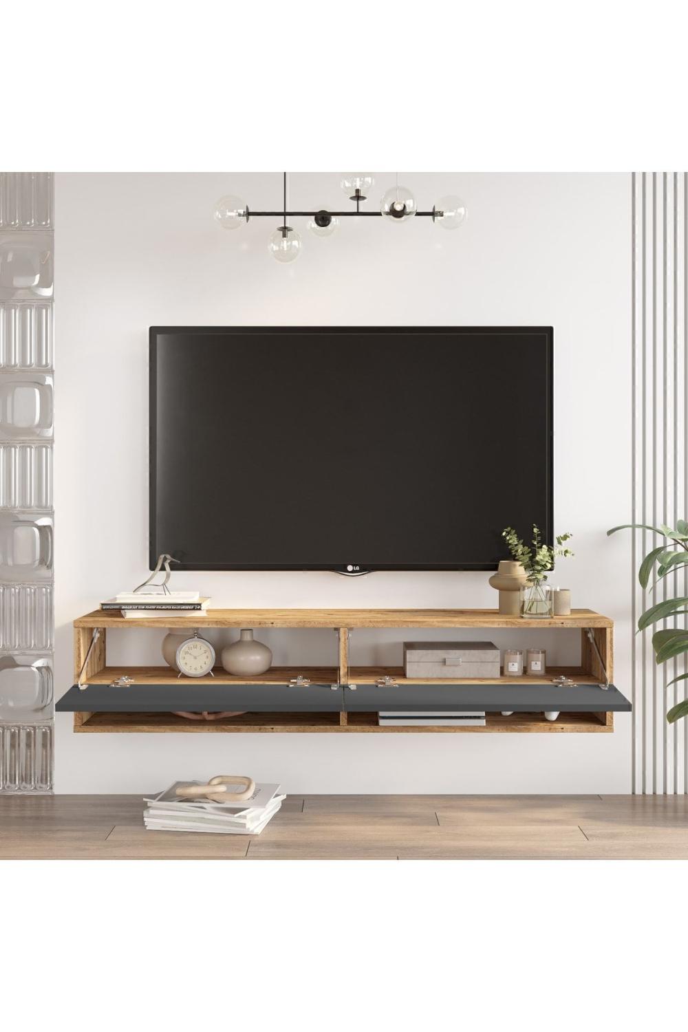 Aven Meuble TV Tv Table basse À étagères Avec portes 140cm Pin-Anthracite AVE11-AA