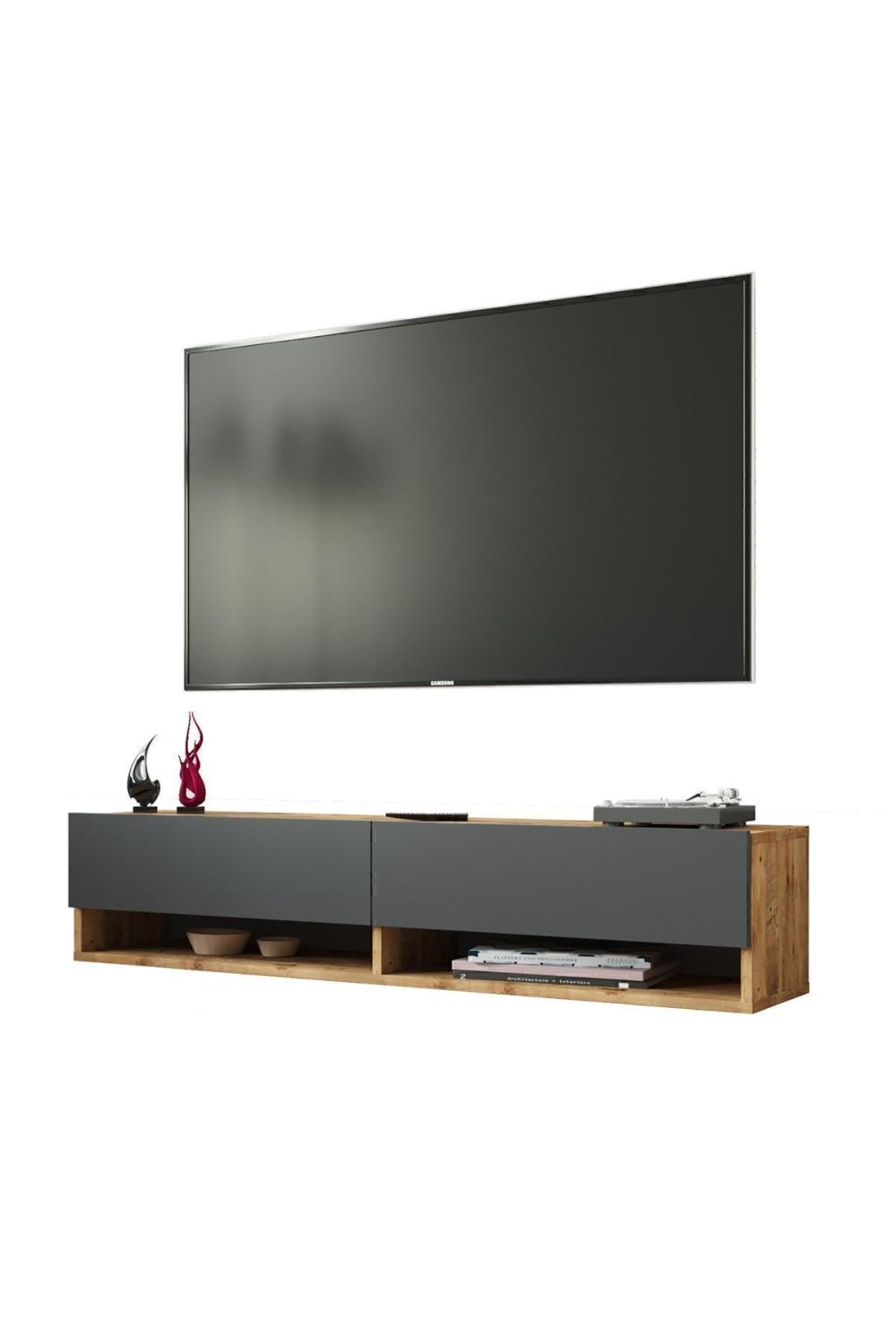 Aven Meuble TV Tv Table basse À étagères Avec portes 140cm Pin-Anthracite AVE11-AA