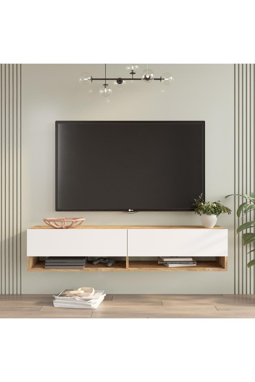 Meuble TV Aven 140 cm avec Étagères et Portes – Pin & Blanc AVE11-AW