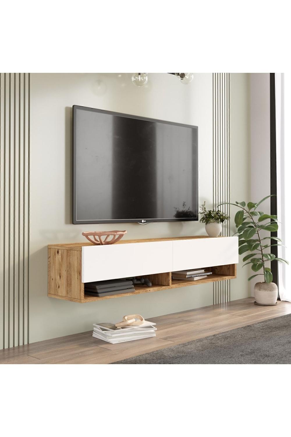 Meuble TV Aven 140 cm avec Étagères et Portes – Pin & Blanc AVE11-AW
