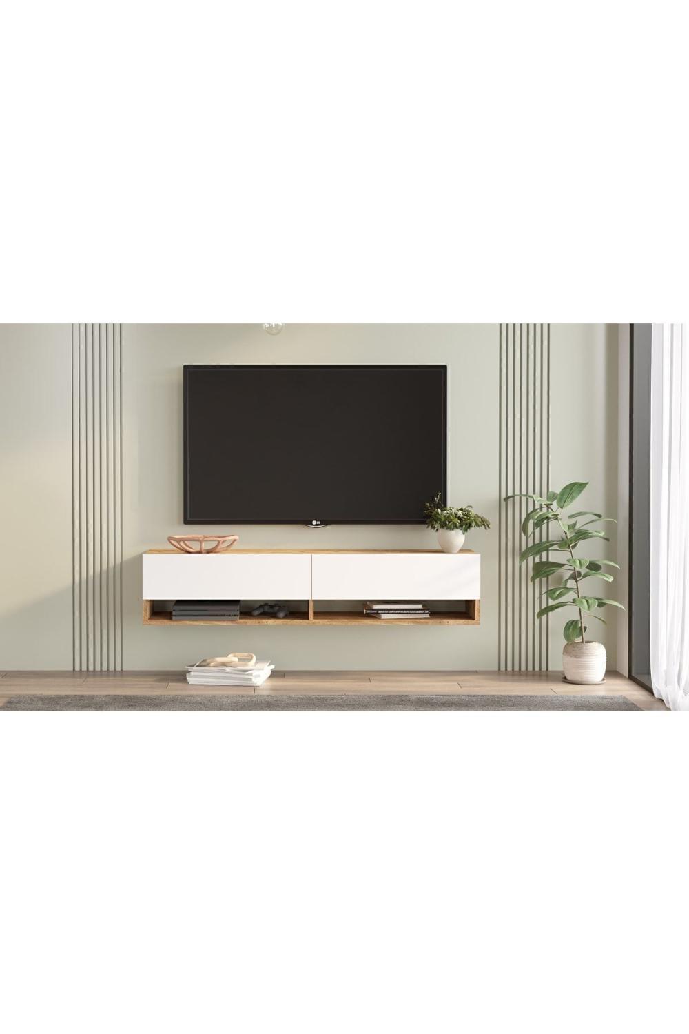 Meuble TV Aven 140 cm avec Étagères et Portes – Pin & Blanc AVE11-AW